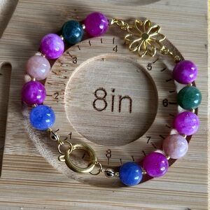 Gold Flower Accent Multicolor Bead Bracelet - Pink, Blue & Green